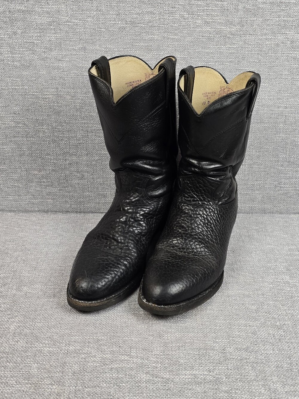 Justin 3187 Black Pebbled Bullhide Leather Roper Boots Mens Sz 10D